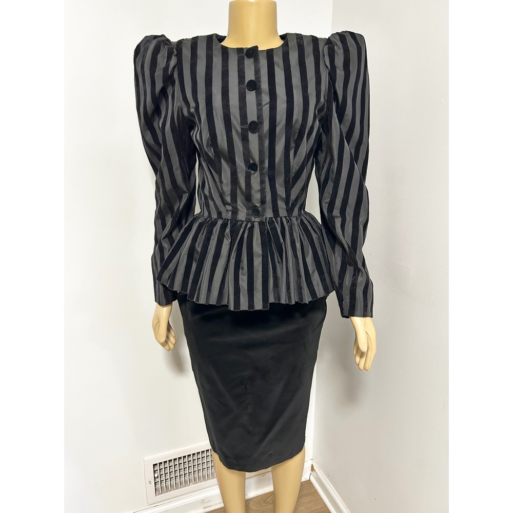 Leslie Lucks Vintage 80s Striped Peplum Skirt Set Puff Shoulder Black Gray